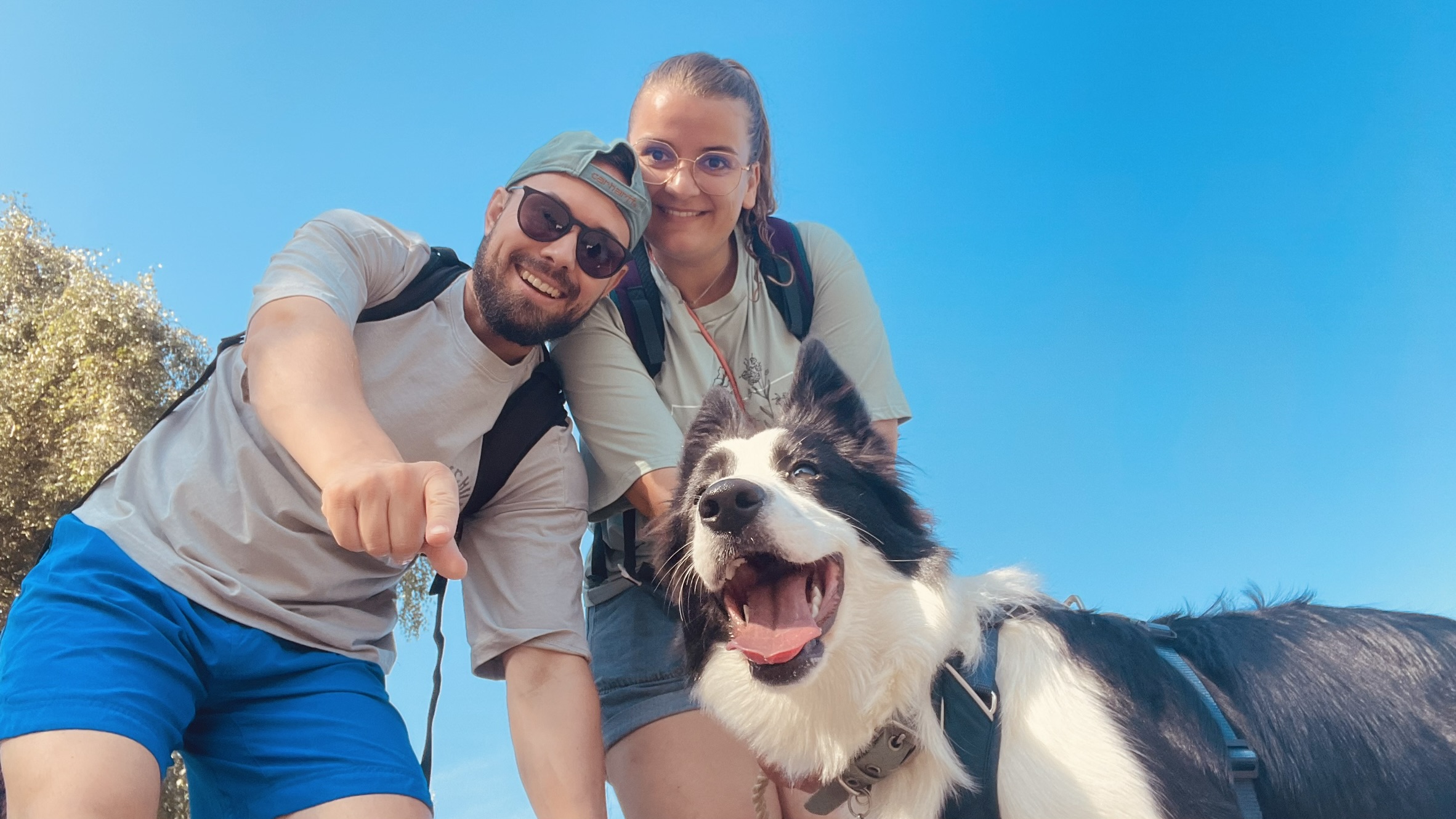 Uma, border collie, avec ses deux propriétaires lors d'une balade ensoleillée