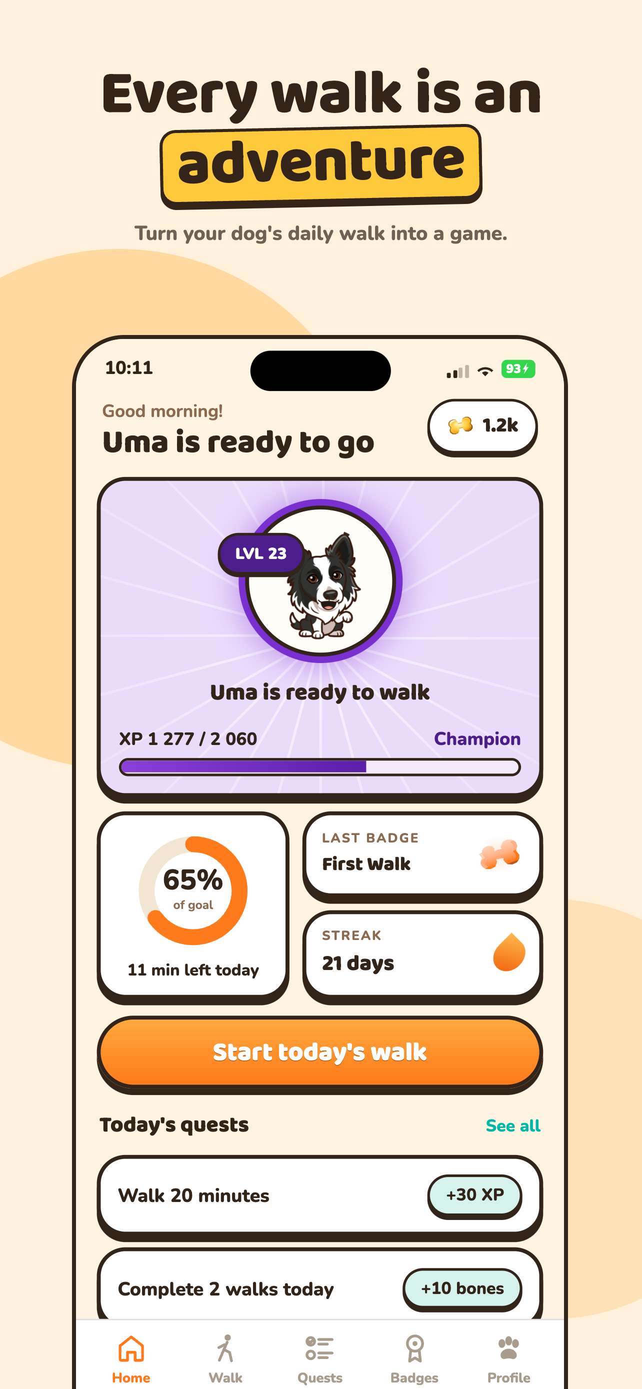 Woofit home screen with the dog avatar, level and daily goal