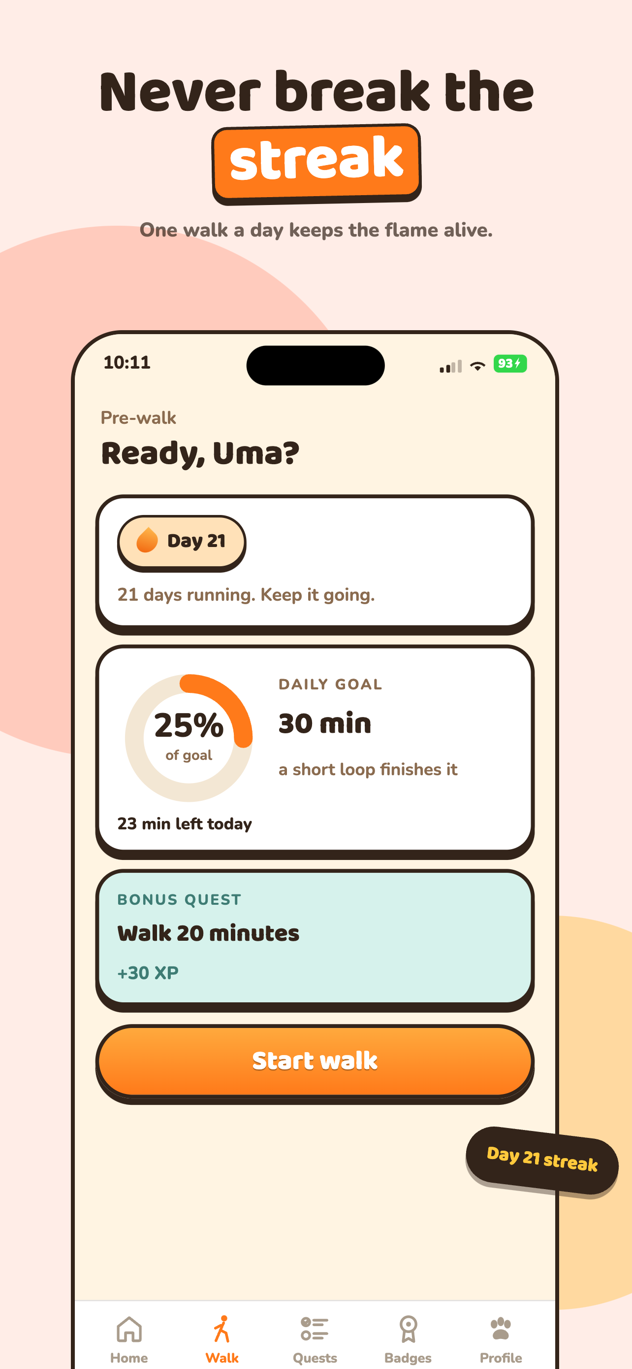 Woofit pre-walk screen with the daily goal and bonus quest