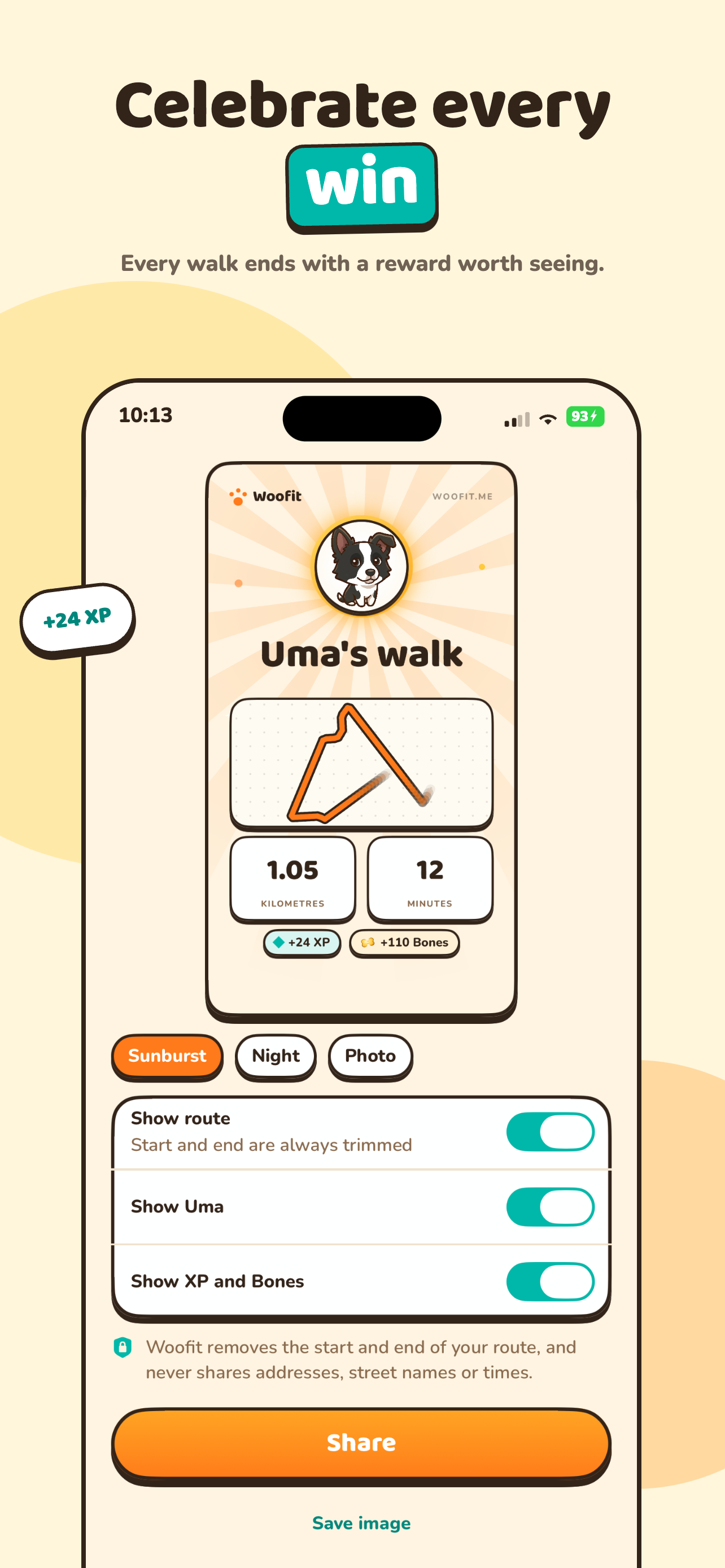 Woofit walk summary card ready to share