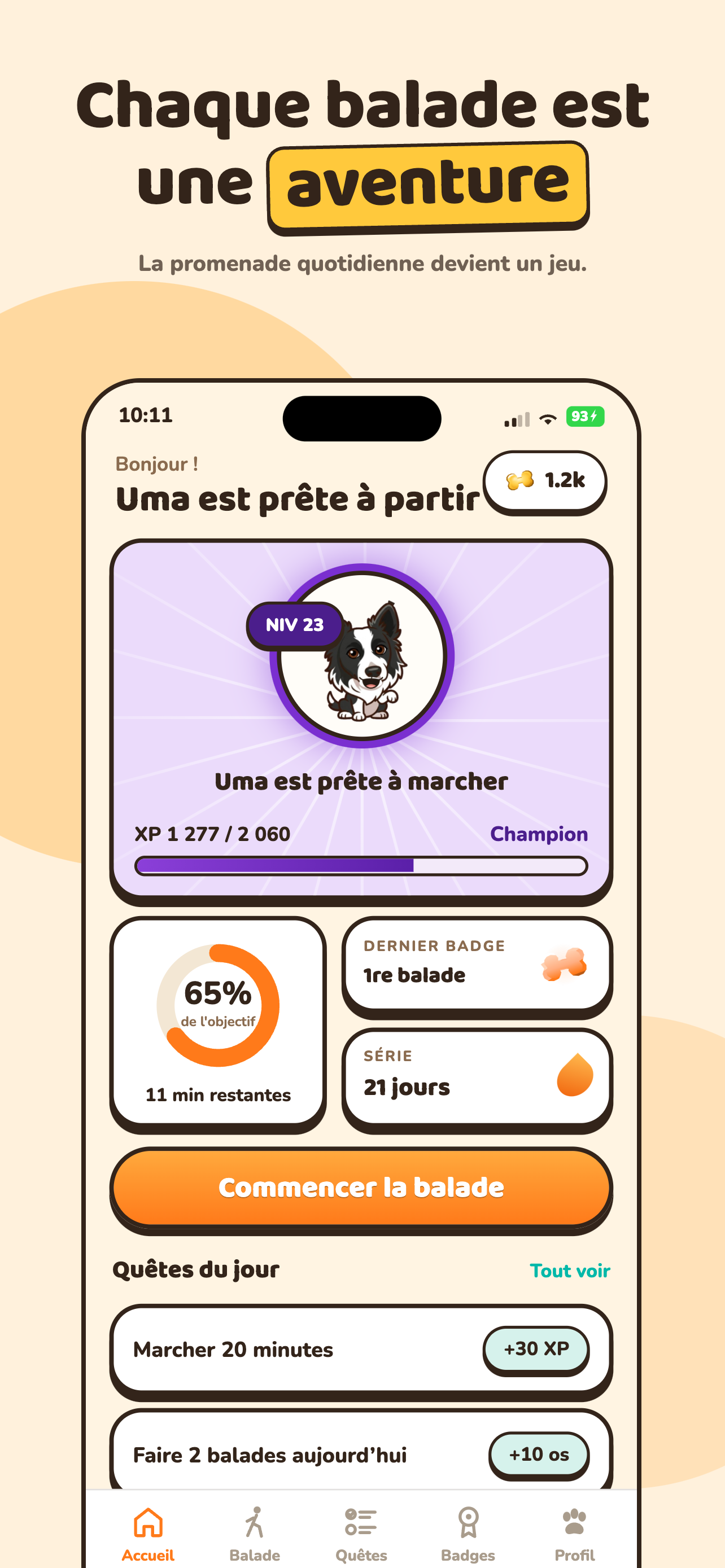 Écran d'accueil de Woofit avec l'avatar du chien, son niveau et l'objectif du jour