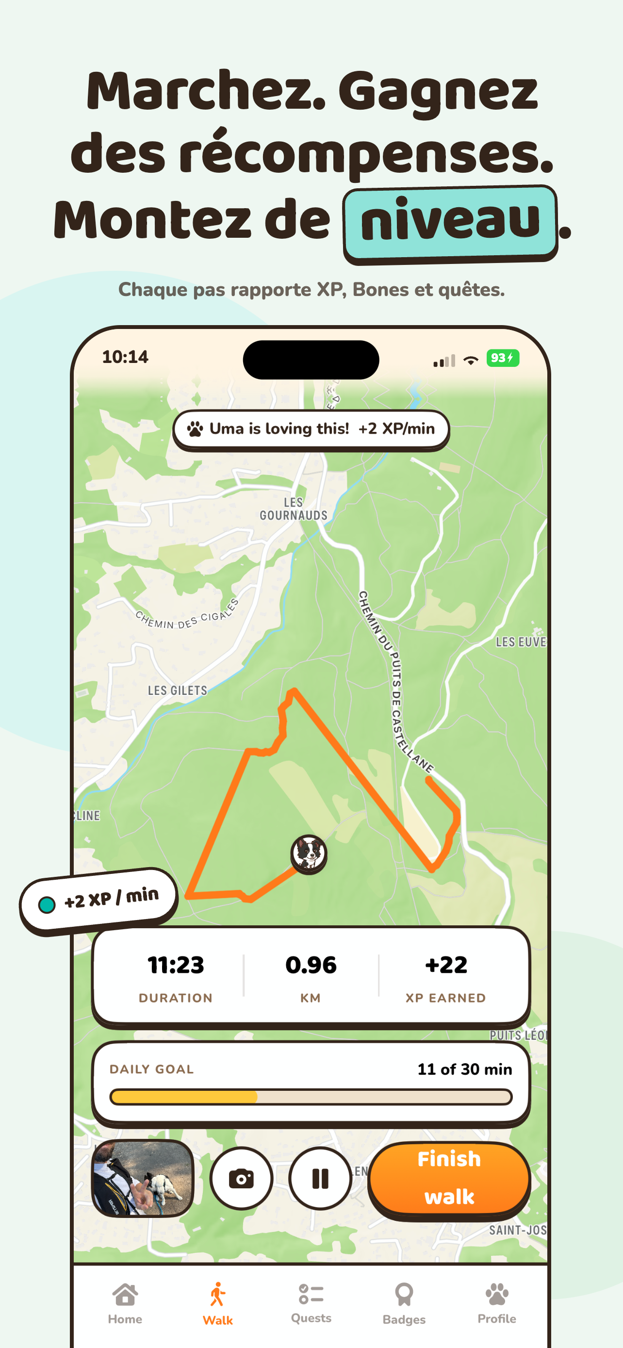 Balade en cours dans Woofit : temps, distance et prochain objectif